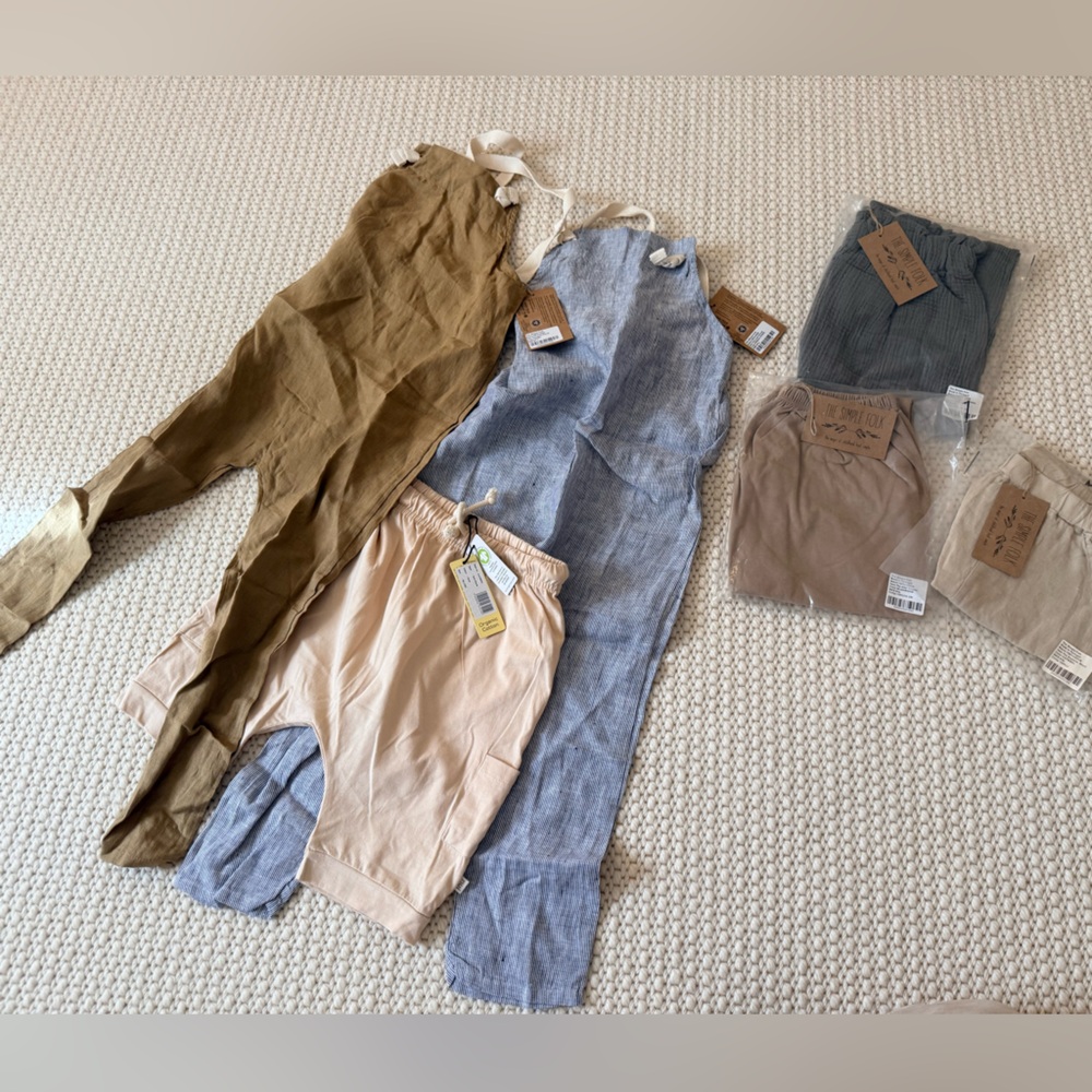 Organic Linen & Cotton Rompers and bottoms. Various sized.